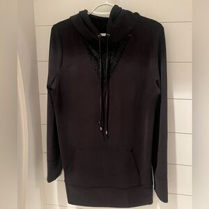 White House Black Market WKND Long Black Hoodie with Lace Detail